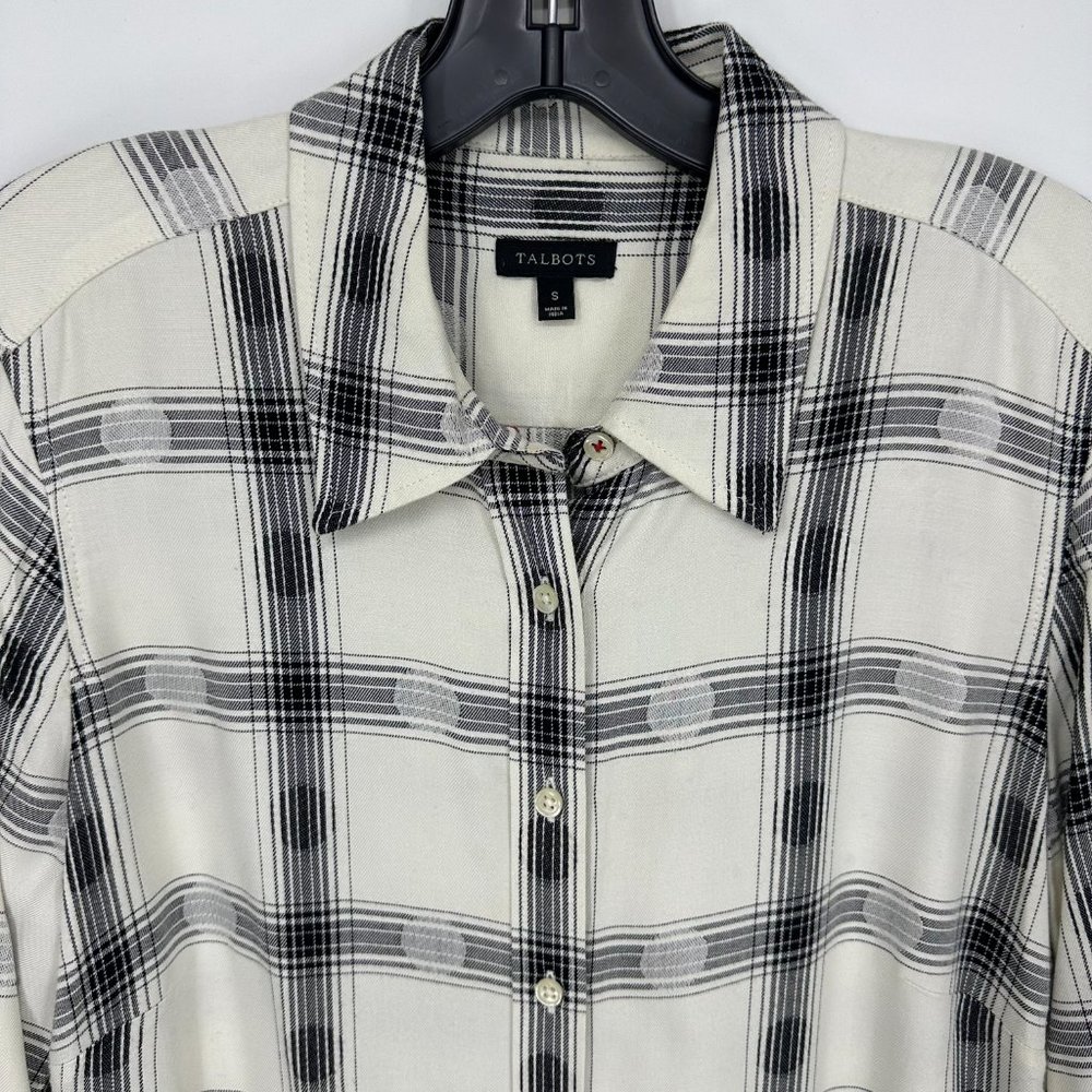 Talbots Plaid Button Down Shirt Top S Long Tunic Length Rayon Cream Black Dots - Picture 6 of 7